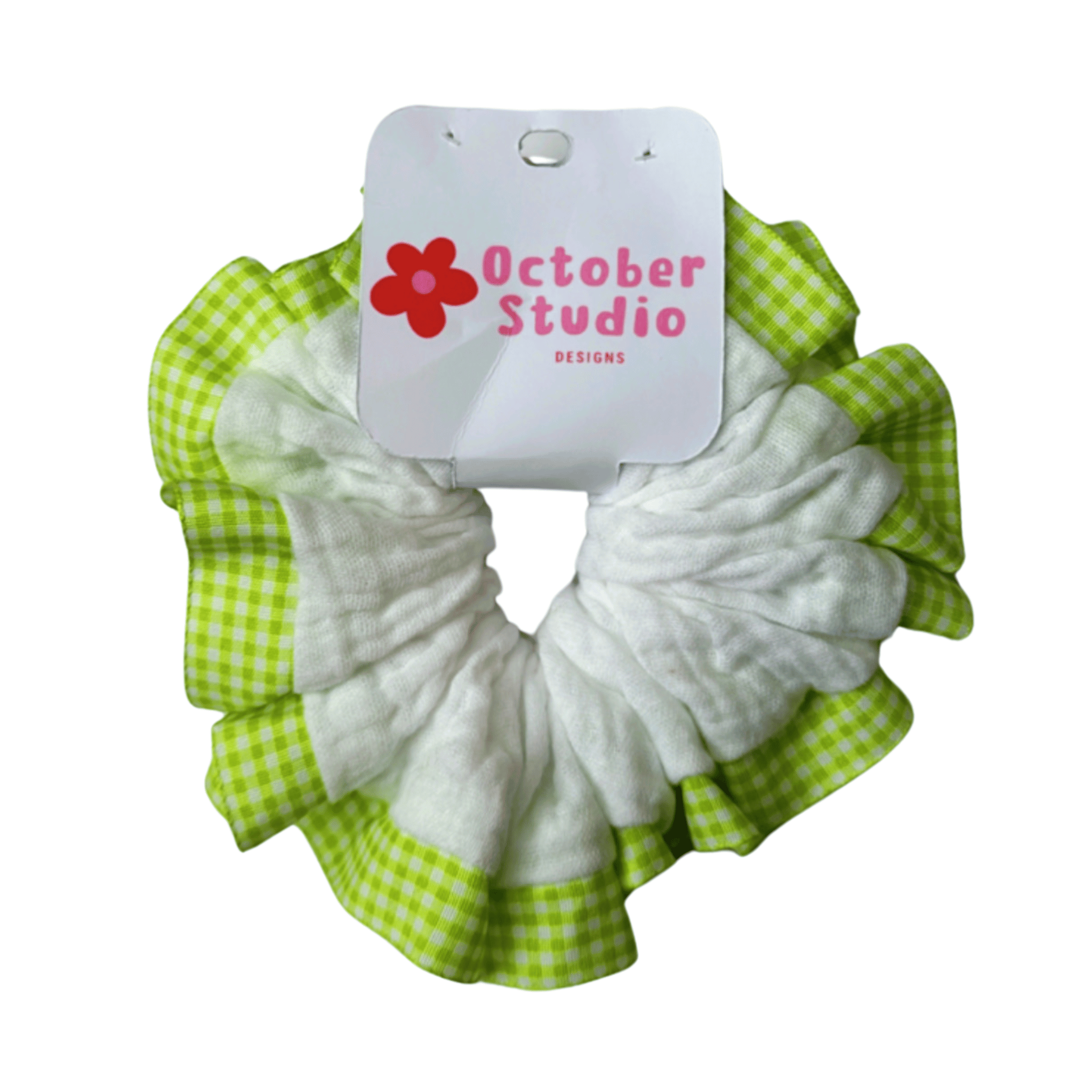 White & Green Gingham Scrunchie